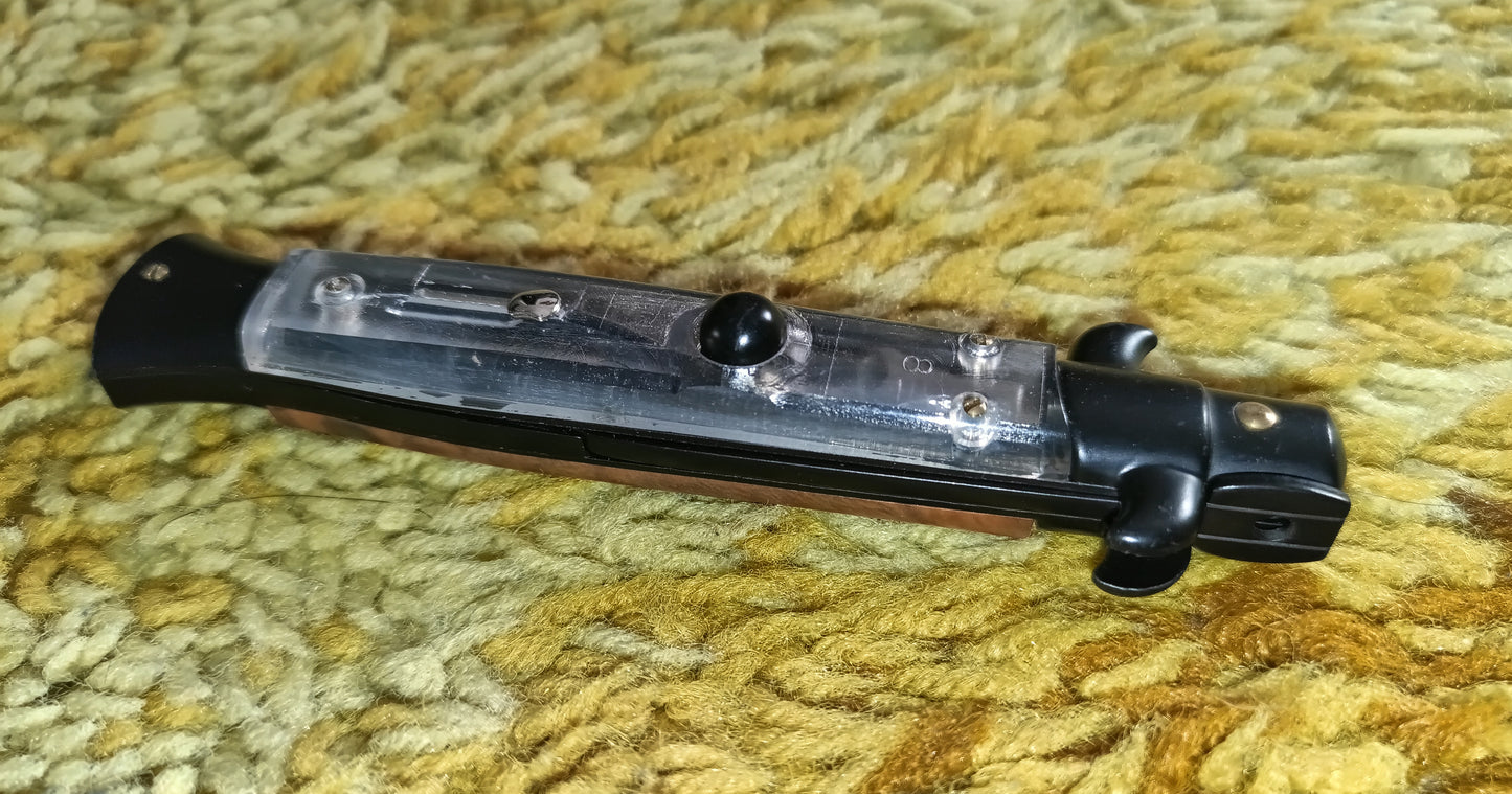 Stiletto automatico italiano - Plexiglas + Brown / Black Blade version 23 cm