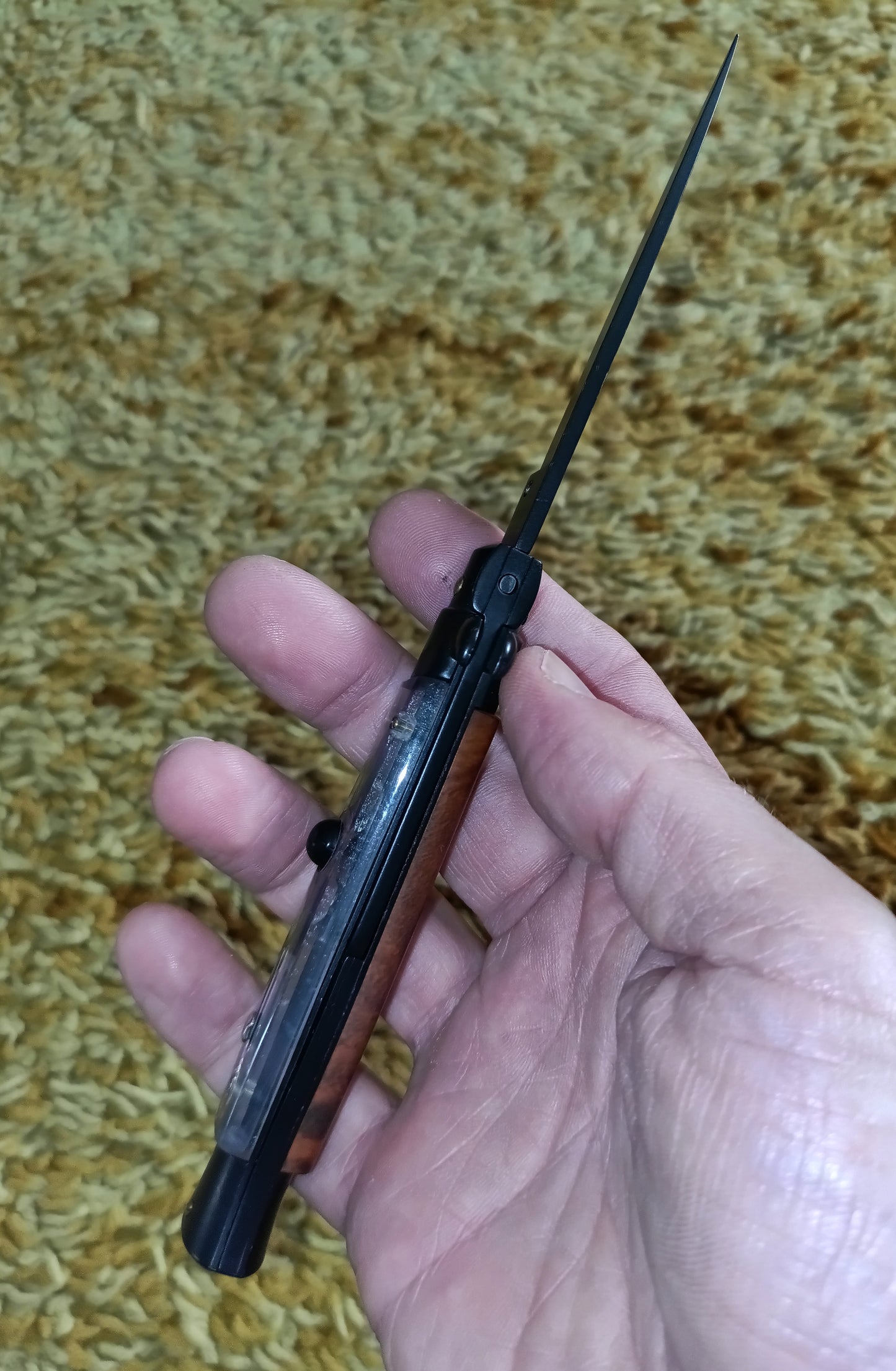 Stiletto automatico italiano - Plexiglas + Brown / Black Blade version 23 cm
